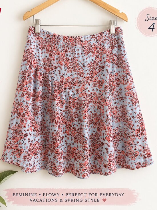 H&M Dresses & Skirts - H&M Light Blue A-line Skirt with Coral Floral Pattern